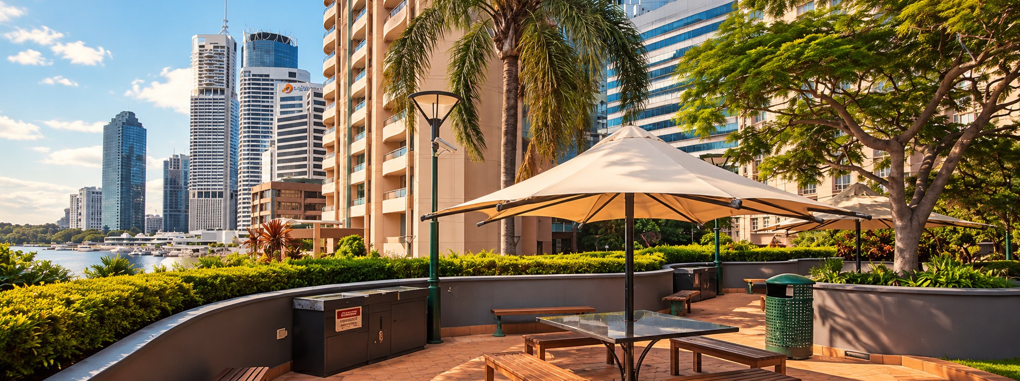 Landscaped riverside terrace with Brisbane city skyline views