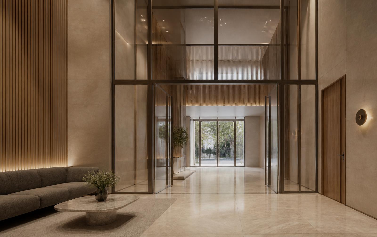 Premium residential lobby interior in natural stone and warm timber