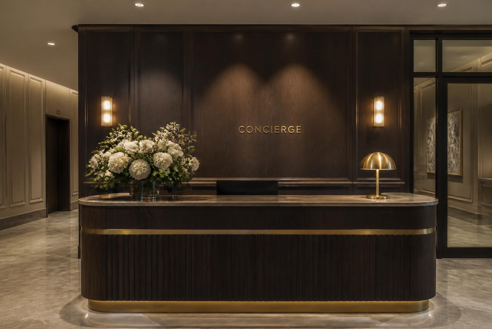 Residential building concierge desk in warm stone and timber