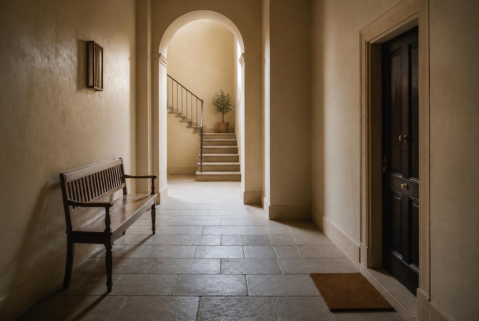 Residential corridor with soft lighting and stone flooring