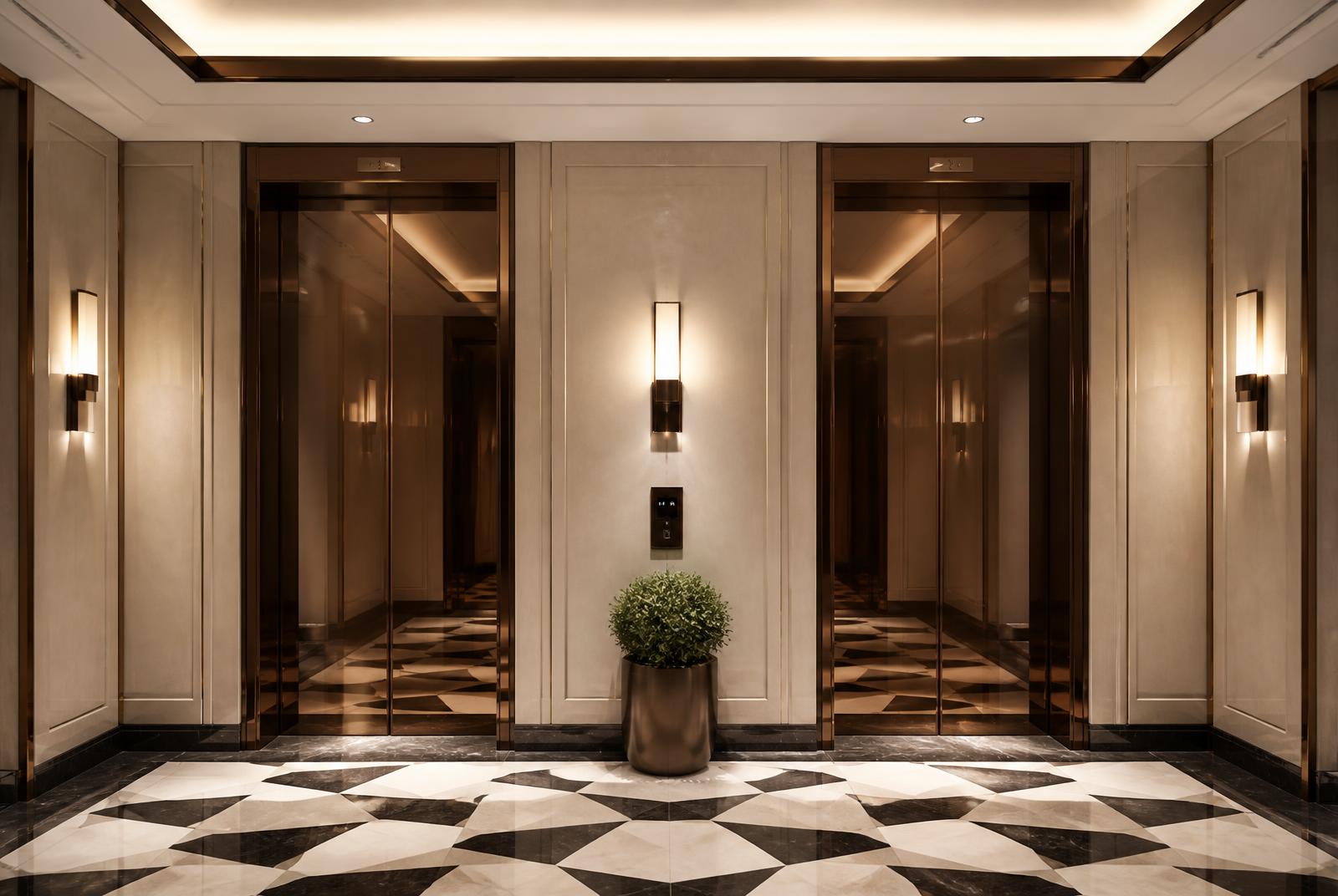 Lift lobby with stone walls and warm architectural lighting